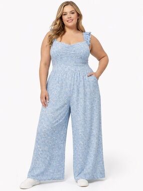 Torrid Floral Jumpsuit Size 1X Blue White Wide Leg Ruffle Strap Lightweight